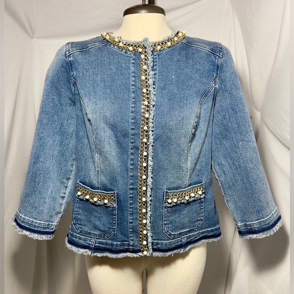Chico's Embellished Blue Denim Jacket Sz 0 Gold Beaded Trim  Pockets Fringe - Picture 1 of 14